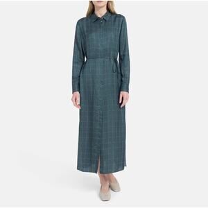 Theory Belted Shirt Dress‎ Maxi in Petrol Multi Graphic Grid Print Small Petite